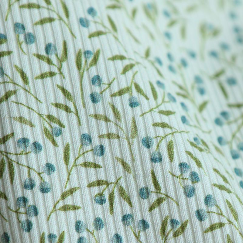 Jersey coton côtes fines à motif baies bleu et vert