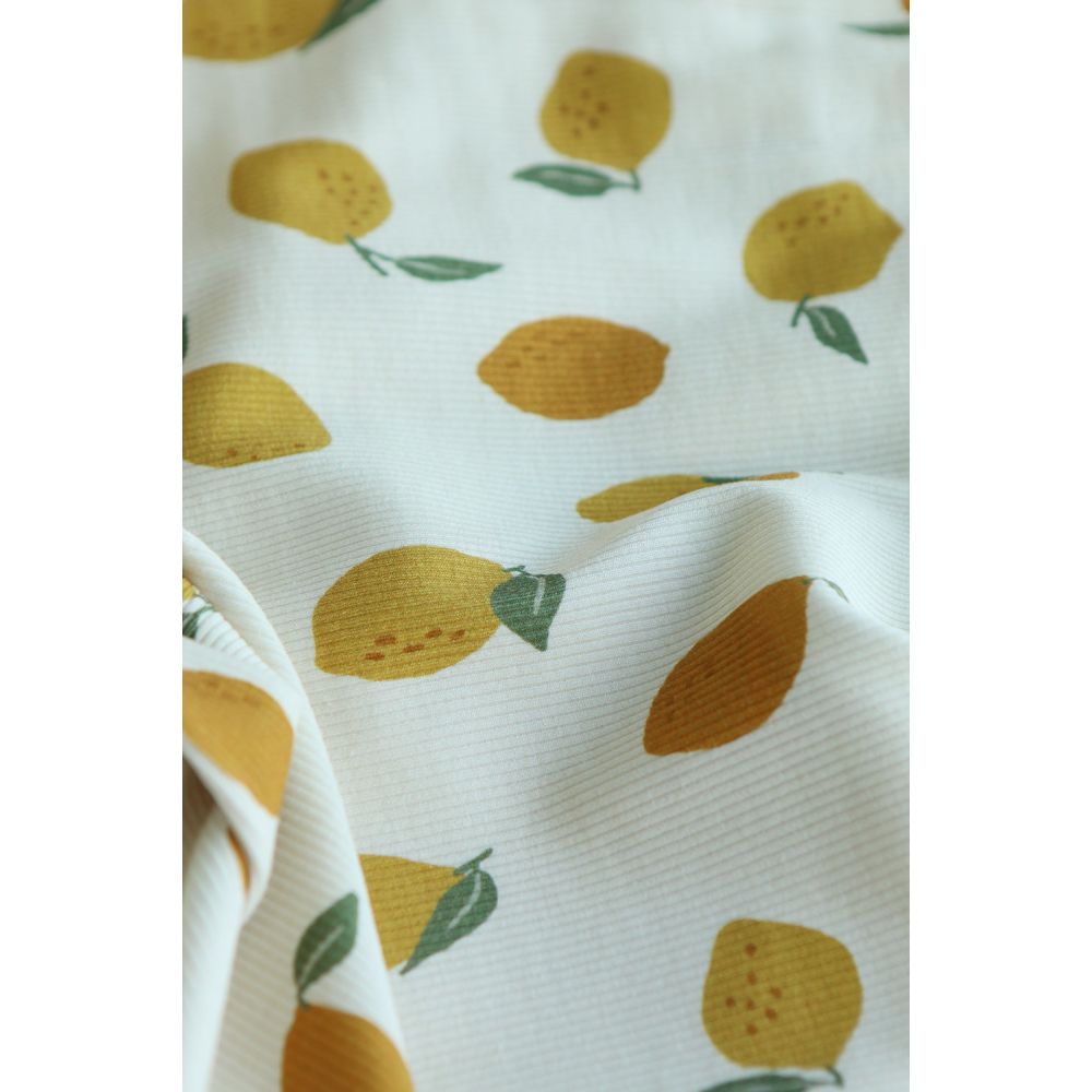 Jersey coton côtes fines à motif citrons jaunes