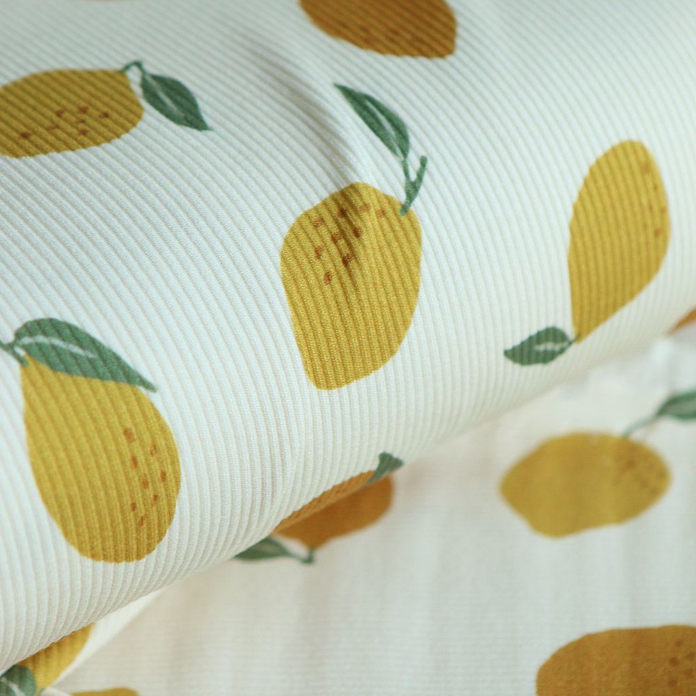 Jersey coton côtes fines à motif citrons jaunes