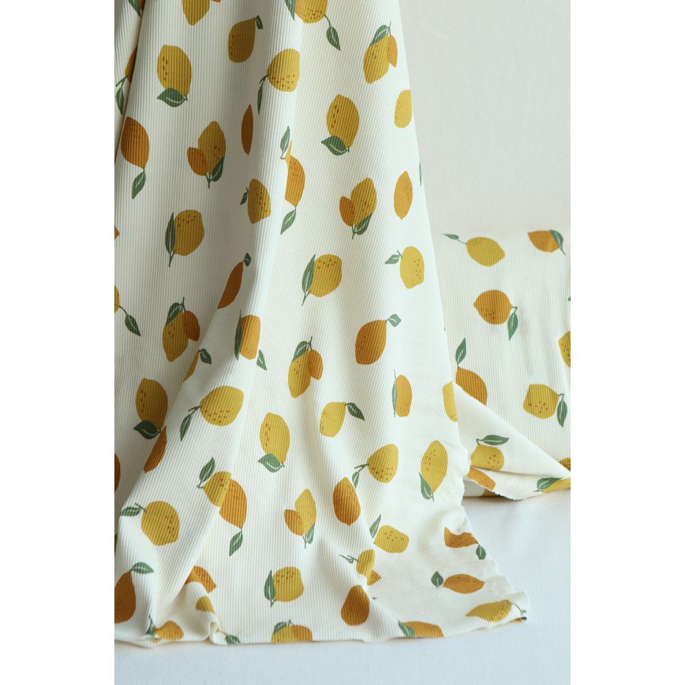 Jersey coton côtes fines à motif citrons jaunes