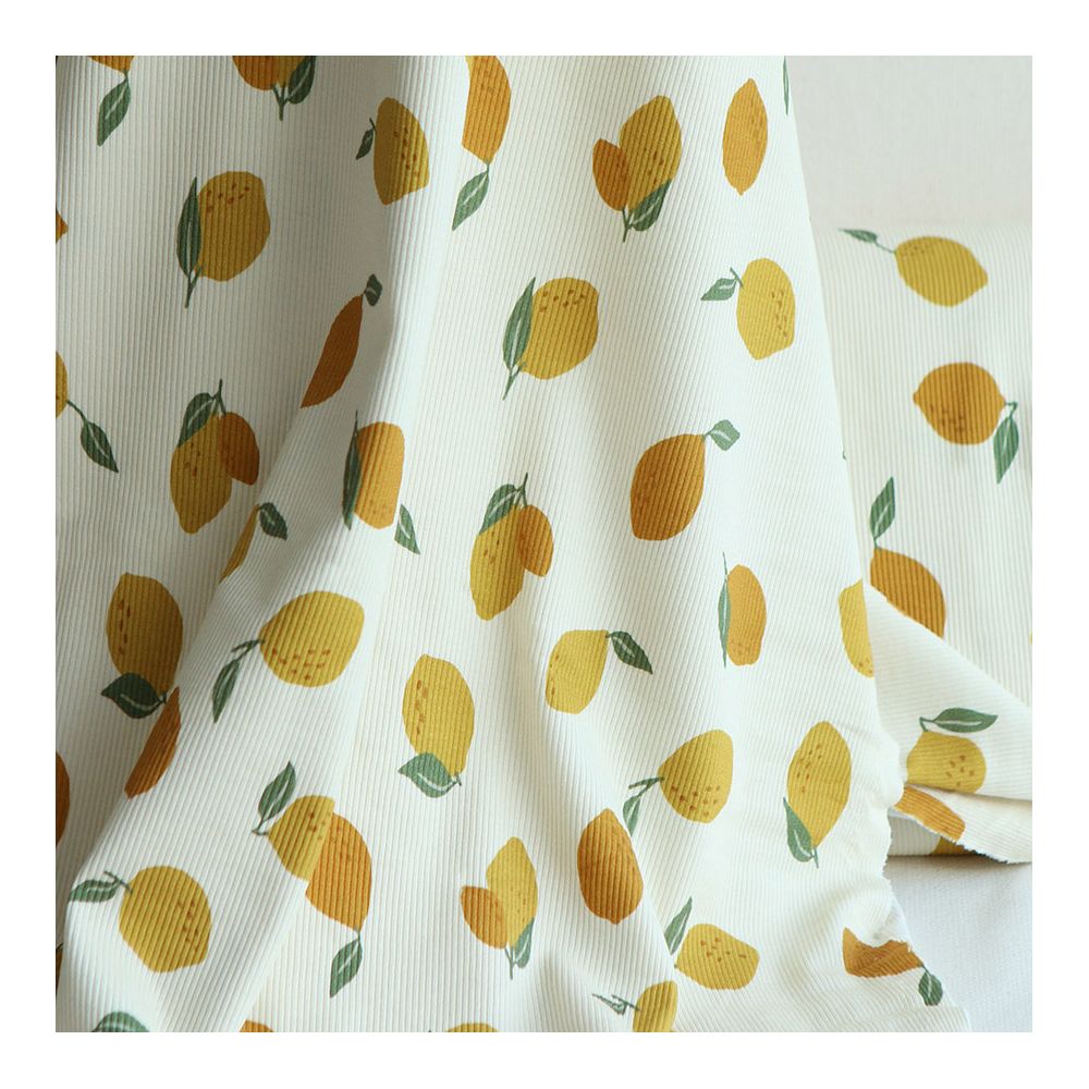 Jersey coton côtes fines à motif citrons jaunes