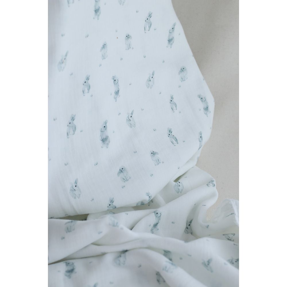 Pompon - Double gaze de coton BIO blanc motif lapins