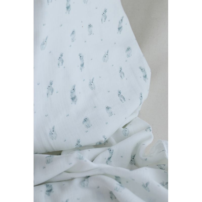 Pompon - Double gaze de coton BIO blanc motif lapins