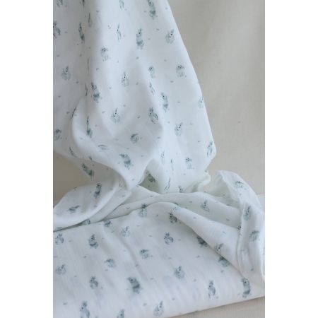 Pompon - Double gaze de coton BIO blanc motif lapins