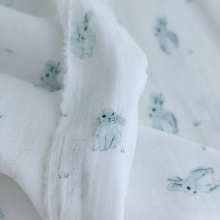 Pompon - Double gaze de coton BIO blanc motif lapins