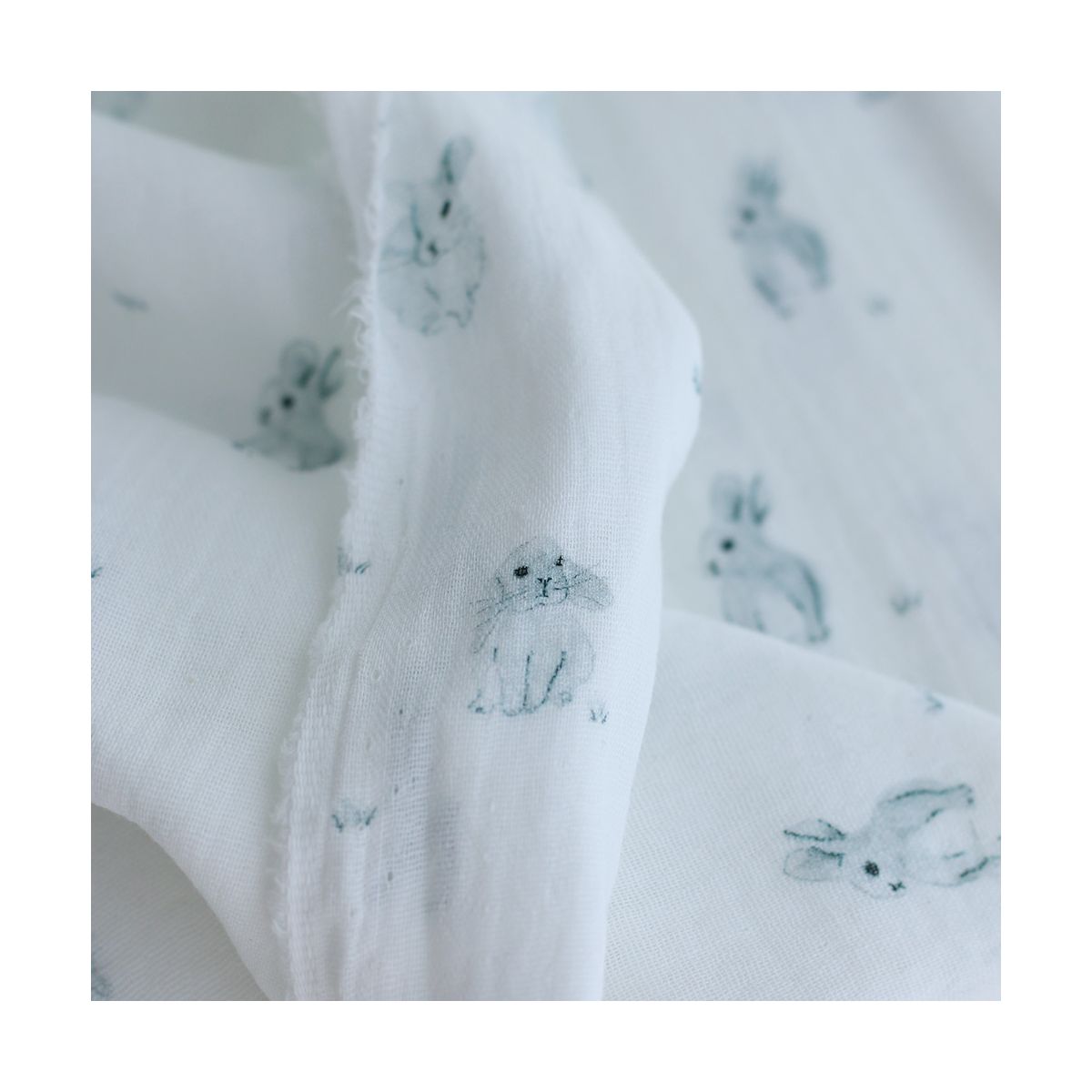 Pompon - Double gaze de coton BIO blanc motif lapins