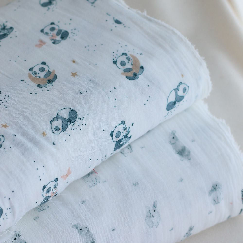 Pompon - Double gaze de coton BIO blanc motif lapins