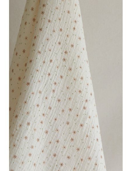 Double gaze de coton imprimé petites fleurs fond écru