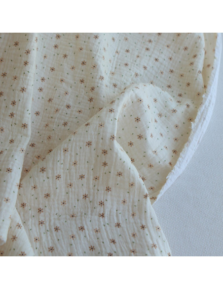 Double gaze de coton imprimé petites fleurs fond écru