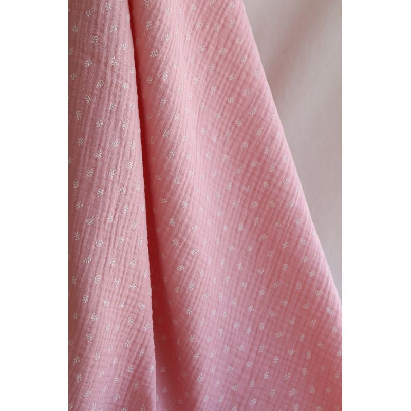 Sacha - Double gaze de coton motif feuilles fond rose blush