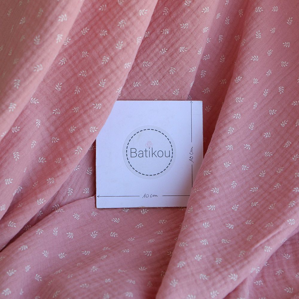 Sacha - Double gaze de coton motif feuilles fond rose blush
