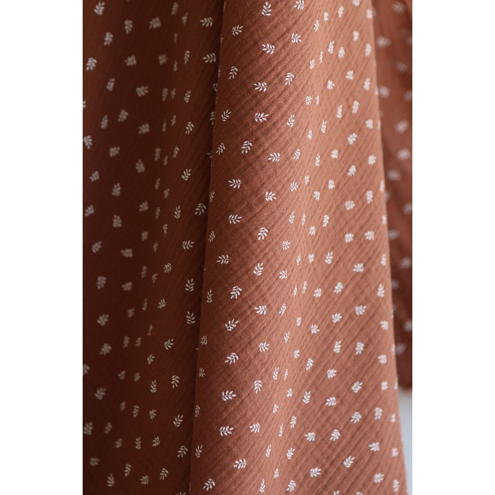 Sacha - Double gaze de coton motif feuilles fond noisette