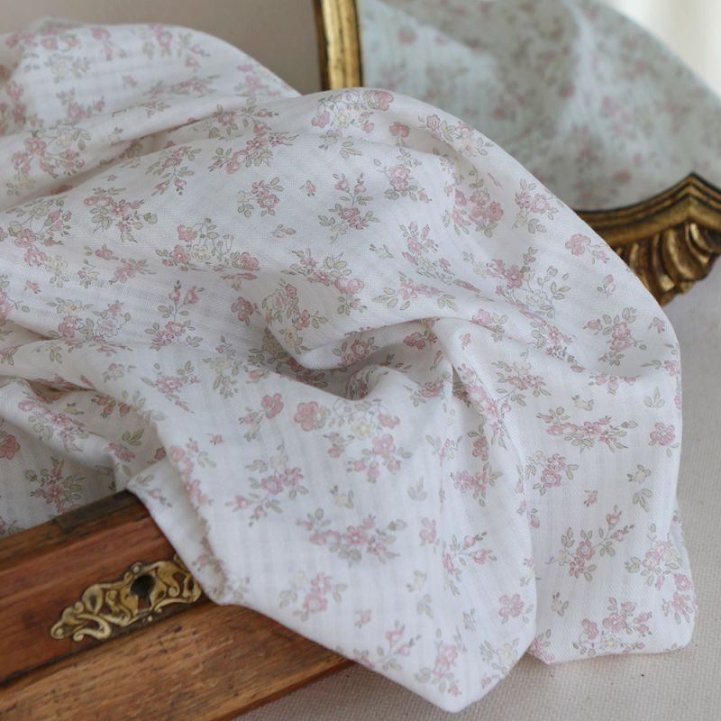 copy of Scarlett - Seersucker / Coton gaufré doux fond lait fleuri rose tendre