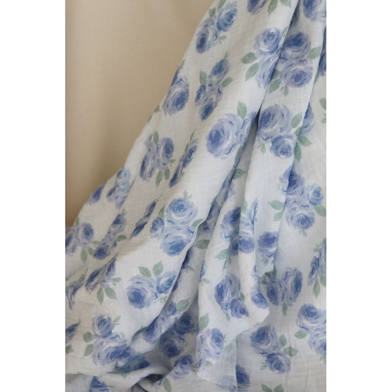 Assia - Double gaze de coton motif exclusif fond blanc cassé aquarelle bleu