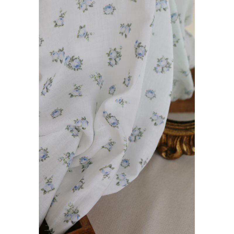 Rosabella - Double gaze de coton BIO blanc motif fleuri bleu