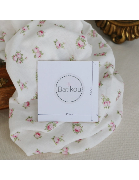 Rosabella - Double gaze de coton BIO blanc motif fleuri rose