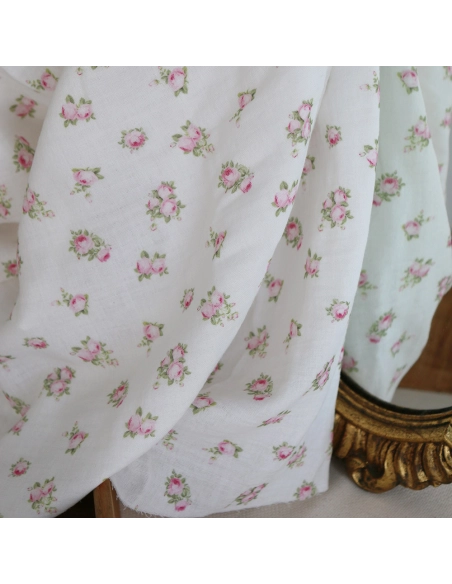 Rosabella - Double gaze de coton BIO blanc motif fleuri rose
