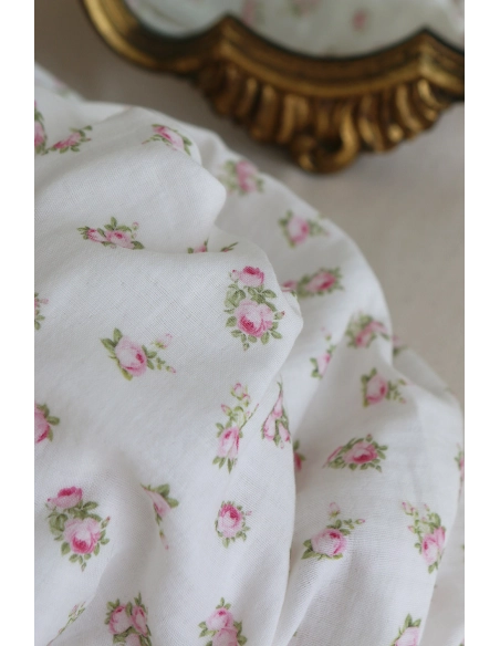 Rosabella - Double gaze de coton BIO blanc motif fleuri rose