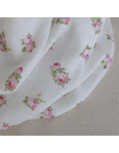 Rosabella - Double gaze de coton BIO blanc motif fleuri rose