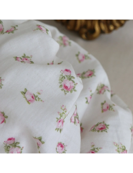 Rosabella - Double gaze de coton BIO blanc motif fleuri rose