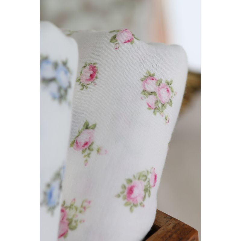 Rosabella - Double gaze de coton BIO blanc motif fleuri rose