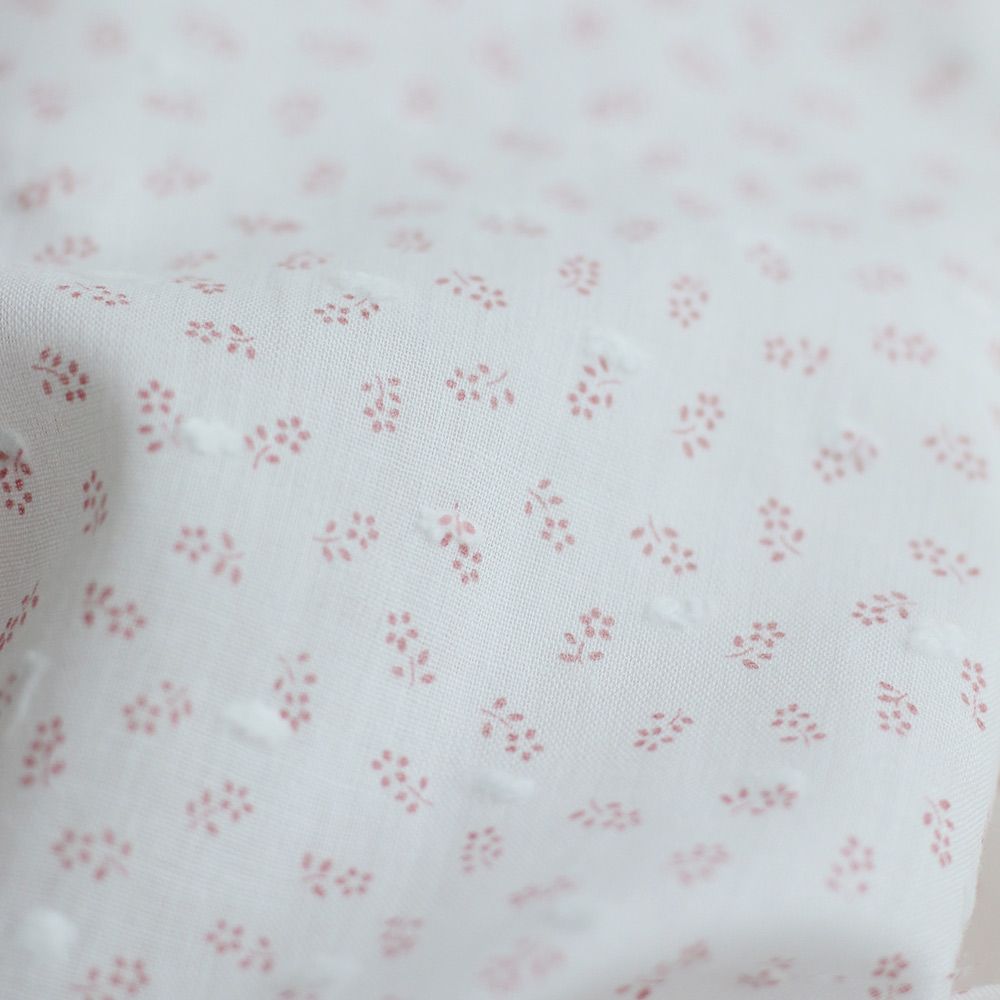 Anaelle - Plumetis de coton blanc imprimé fleuri vieux rose