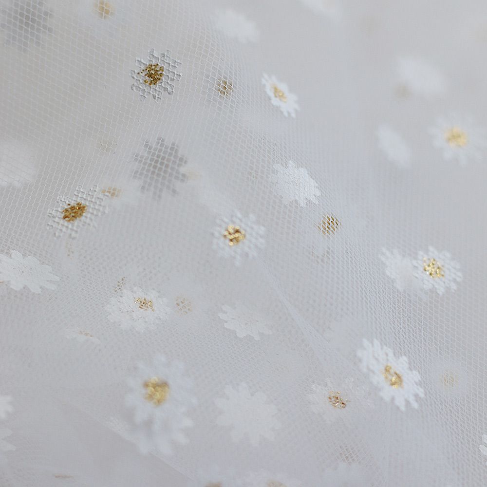 Tulle blanc petites marguerites dorées