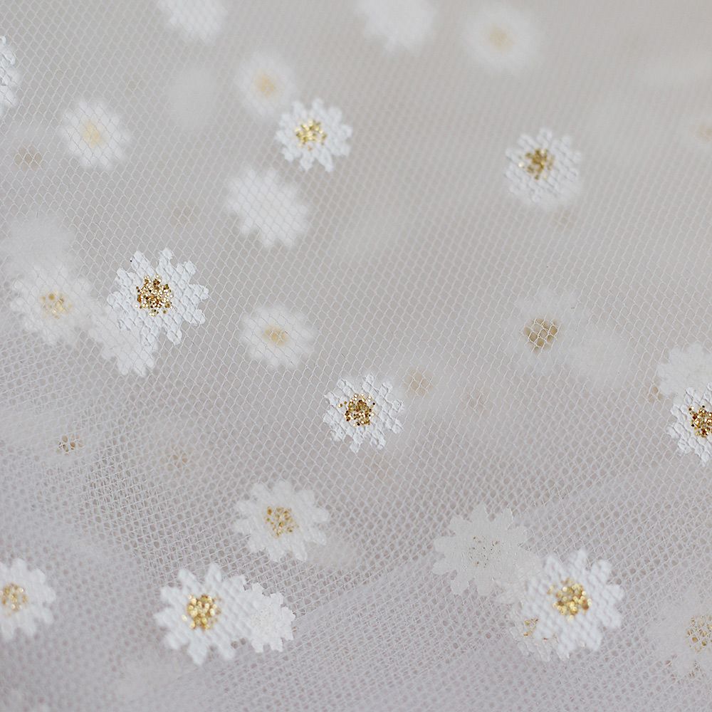 Tulle blanc petites marguerites dorées
