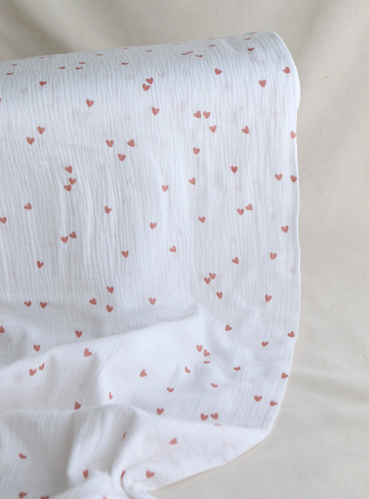 Corazon - Double gaze de coton petits coeurs rose fond blanc