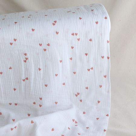 Corazon - Double gaze de coton petits coeurs rose fond blanc
