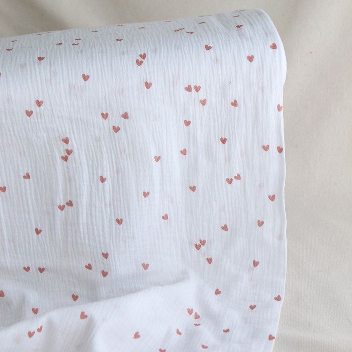 Corazon - Double gaze de coton petits coeurs rose fond blanc
