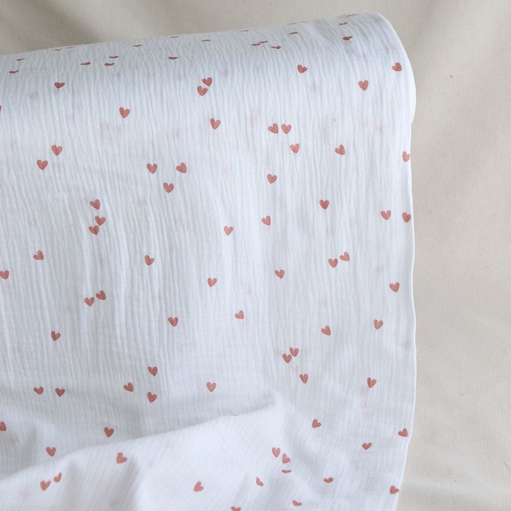 Corazon - Double gaze de coton petits coeurs rose fond blanc