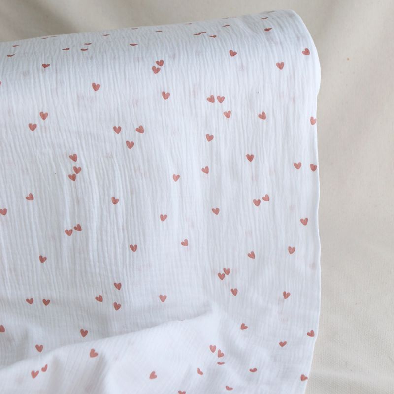Corazon - Double gaze de coton petits coeurs rose fond blanc
