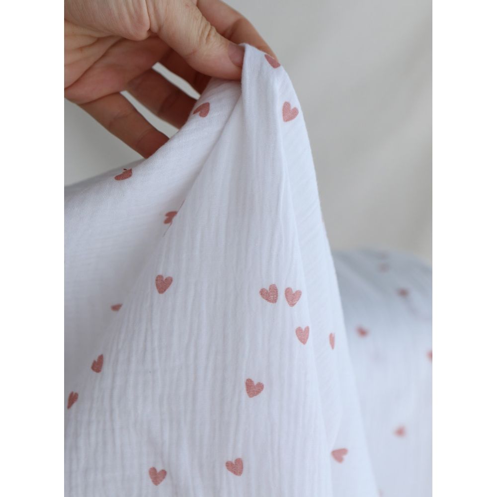 Corazon - Double gaze de coton petits coeurs rose fond blanc