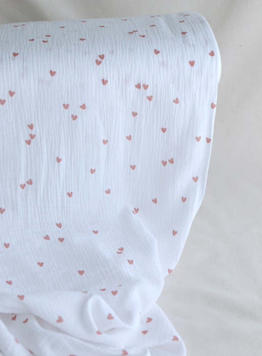 Corazon - Double gaze de coton petits coeurs rose fond blanc