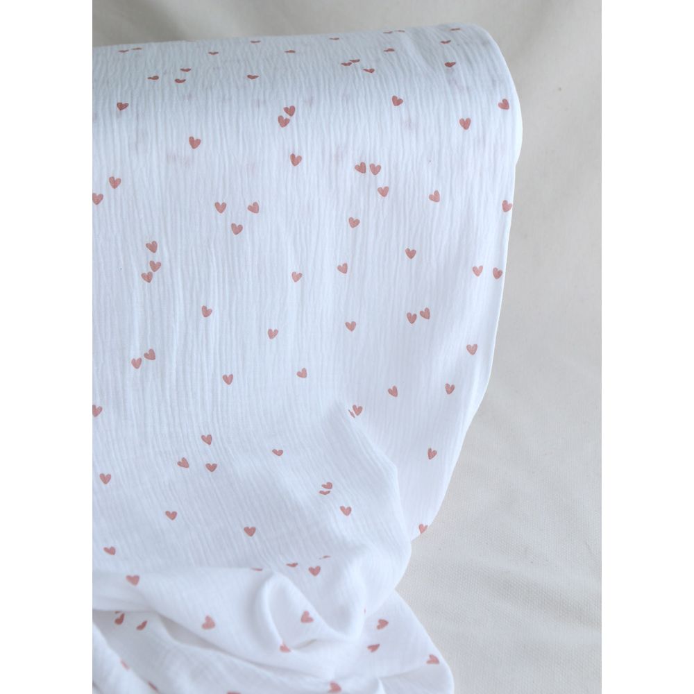 Corazon - Double gaze de coton petits coeurs rose fond blanc
