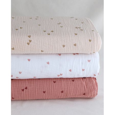 Corazon - Double gaze de coton petits coeurs rose fond blanc
