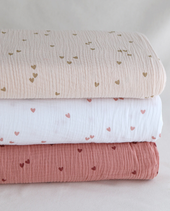Corazon - Double gaze de coton petits coeurs rose fond blanc