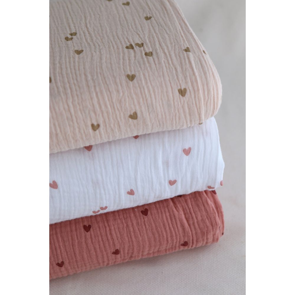 Corazon - Double gaze de coton petits coeurs rose fond blanc