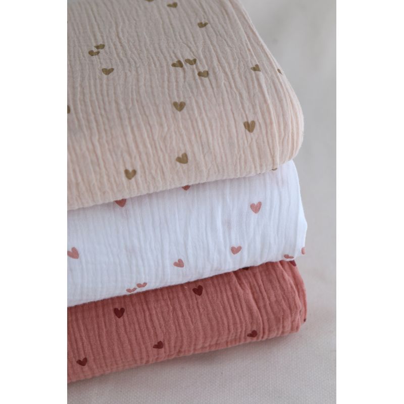 Corazon - Double gaze de coton petits coeurs rose fond blanc