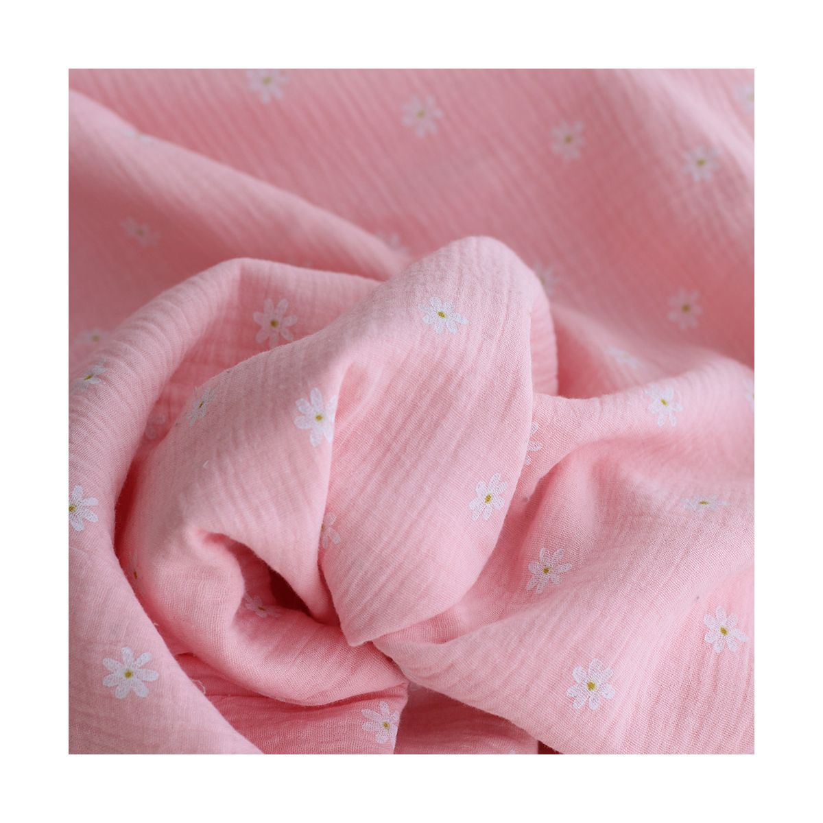 Daisy - Double gaze de coton marguerites fond rose Daisy - Double gaze de coton marguerites fond rose
