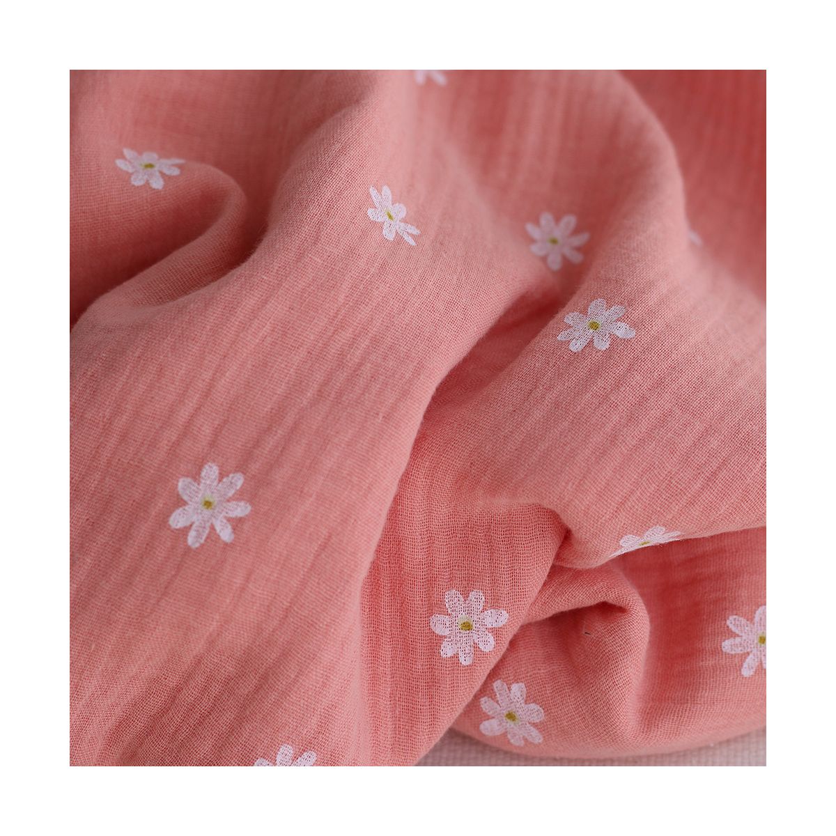 Daisy - Double gaze de coton marguerites fond corail Daisy - Double gaze de coton marguerites fond corail