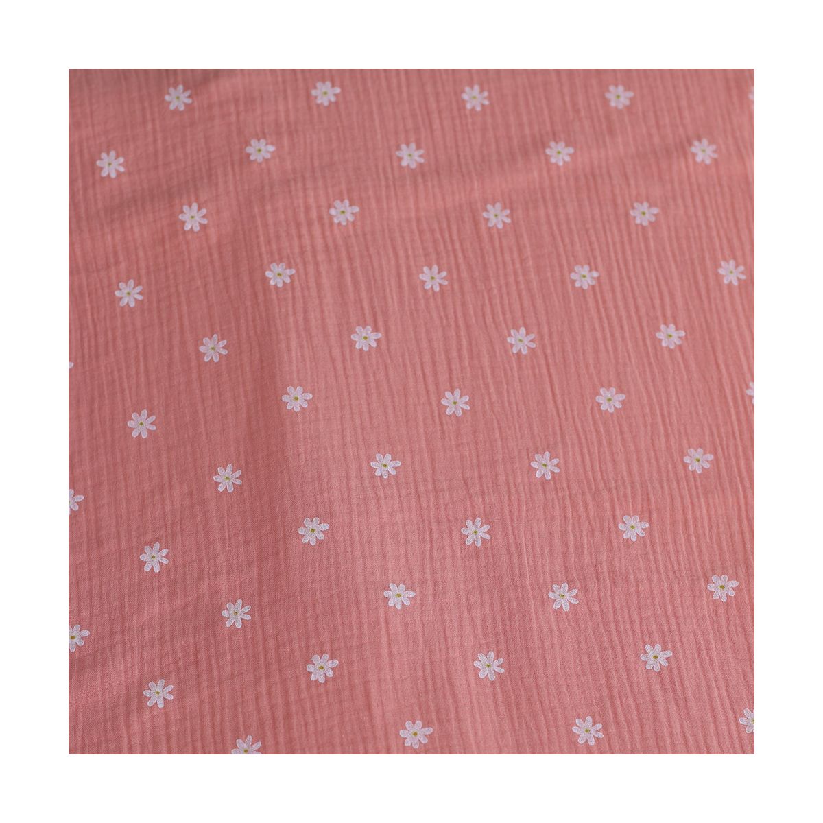 Daisy - Double gaze de coton marguerites fond corail Daisy - Double gaze de coton marguerites fond corail