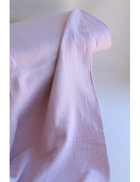 Double gaze de coton pois dorés fond vieux rose