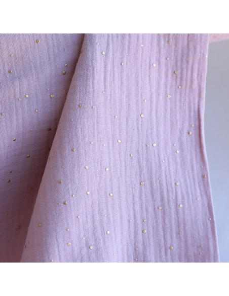 Double gaze de coton pois dorés fond vieux rose