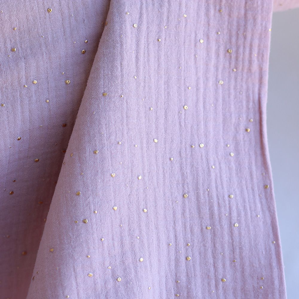 Double gaze de coton pois dorés fond vieux rose