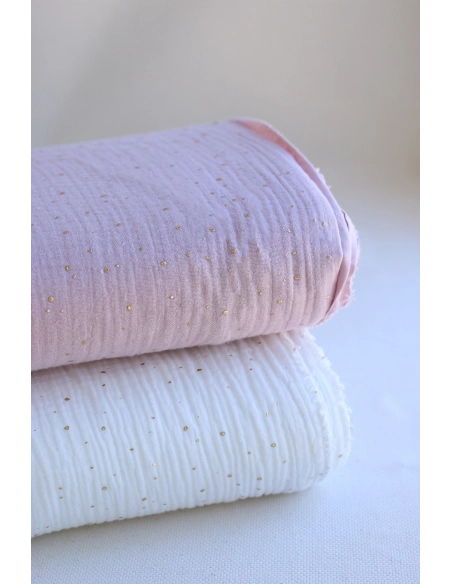 Double gaze de coton pois dorés fond vieux rose