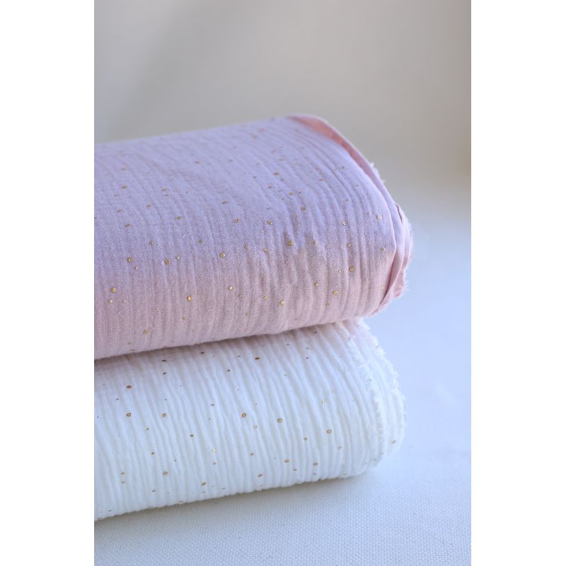Double gaze de coton pois dorés fond vieux rose