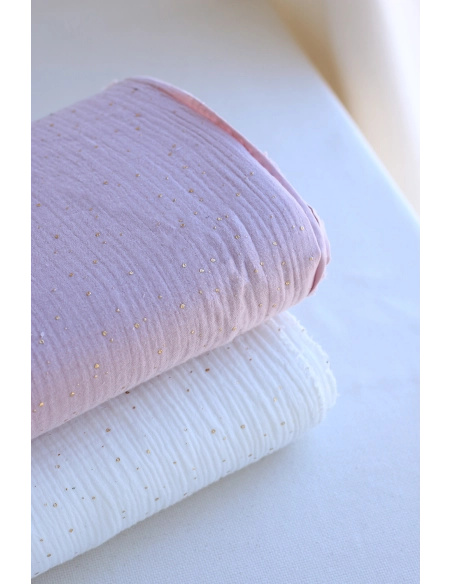 Double gaze de coton pois dorés fond vieux rose