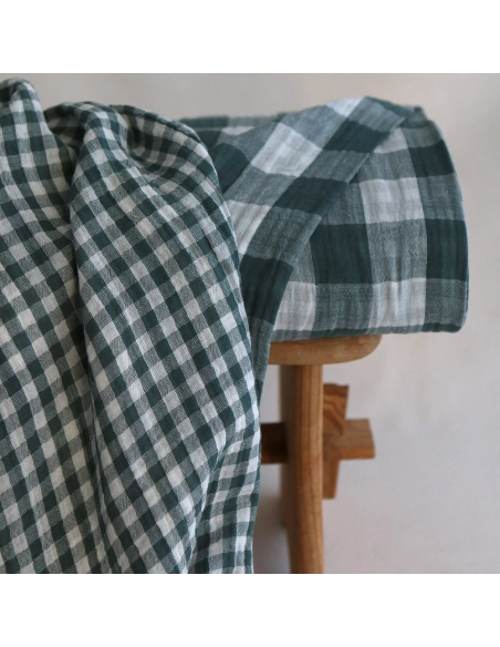 Double gaze de coton vichy réversible blanc / vert sapin
